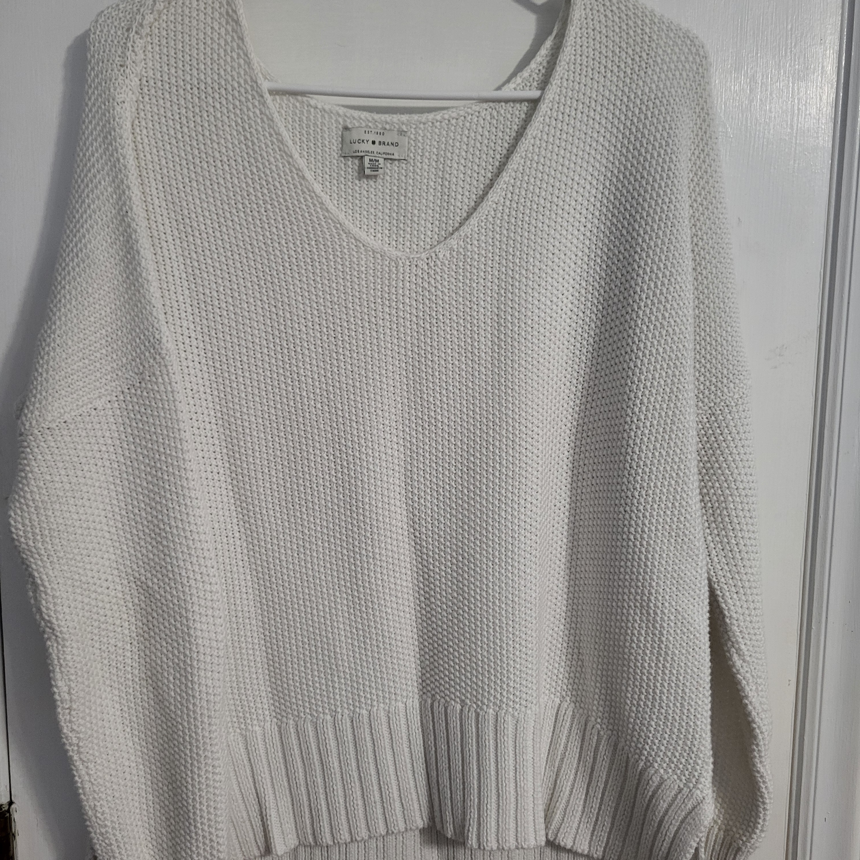 Lucky Brand White V-Neck Sweater Classic Knit